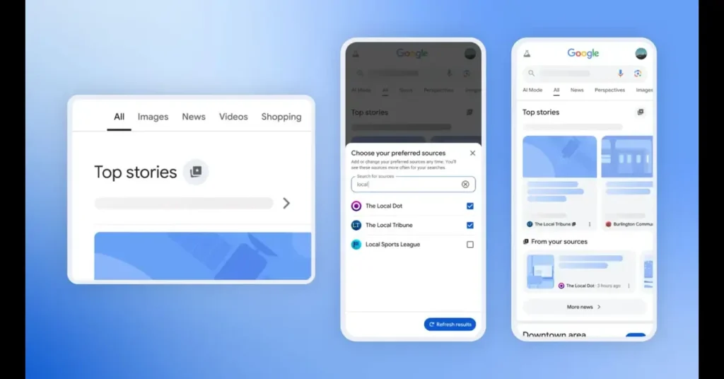 Google News 'Preferred Sources' feature in Top Stories.