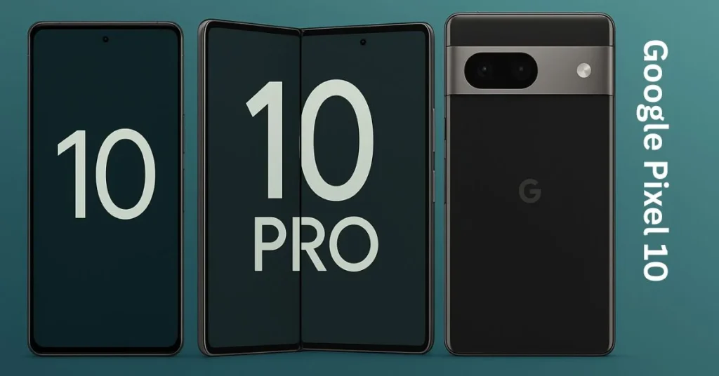 Rendering of the Pixel 10 lineup base, Pro, Pro XL, and Pro Fold highlighting