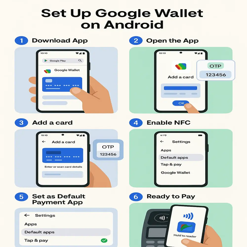 Infographic showing how to set up Google Wallet on Android, including downloading the app, adding a card, enabling NFC, setting it as default, and making a contactless payment. 