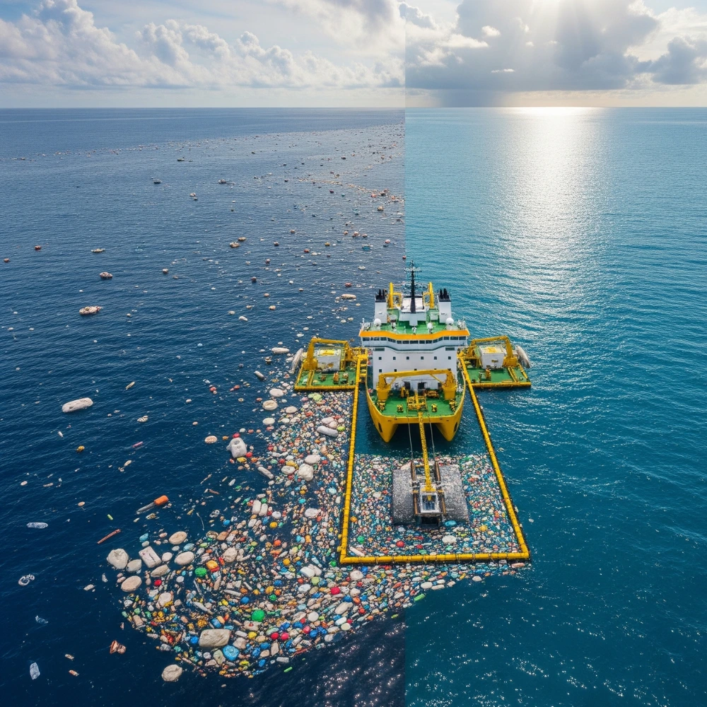 Cleanup vessel working in the Great Pacific Garbage Patch