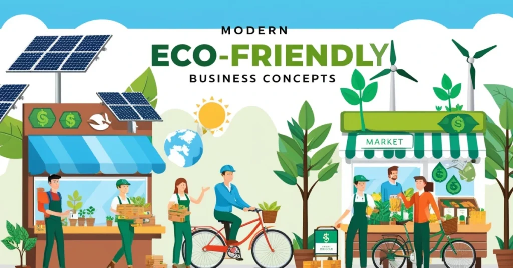 Eco-friendly business icons with greenery and solar panels