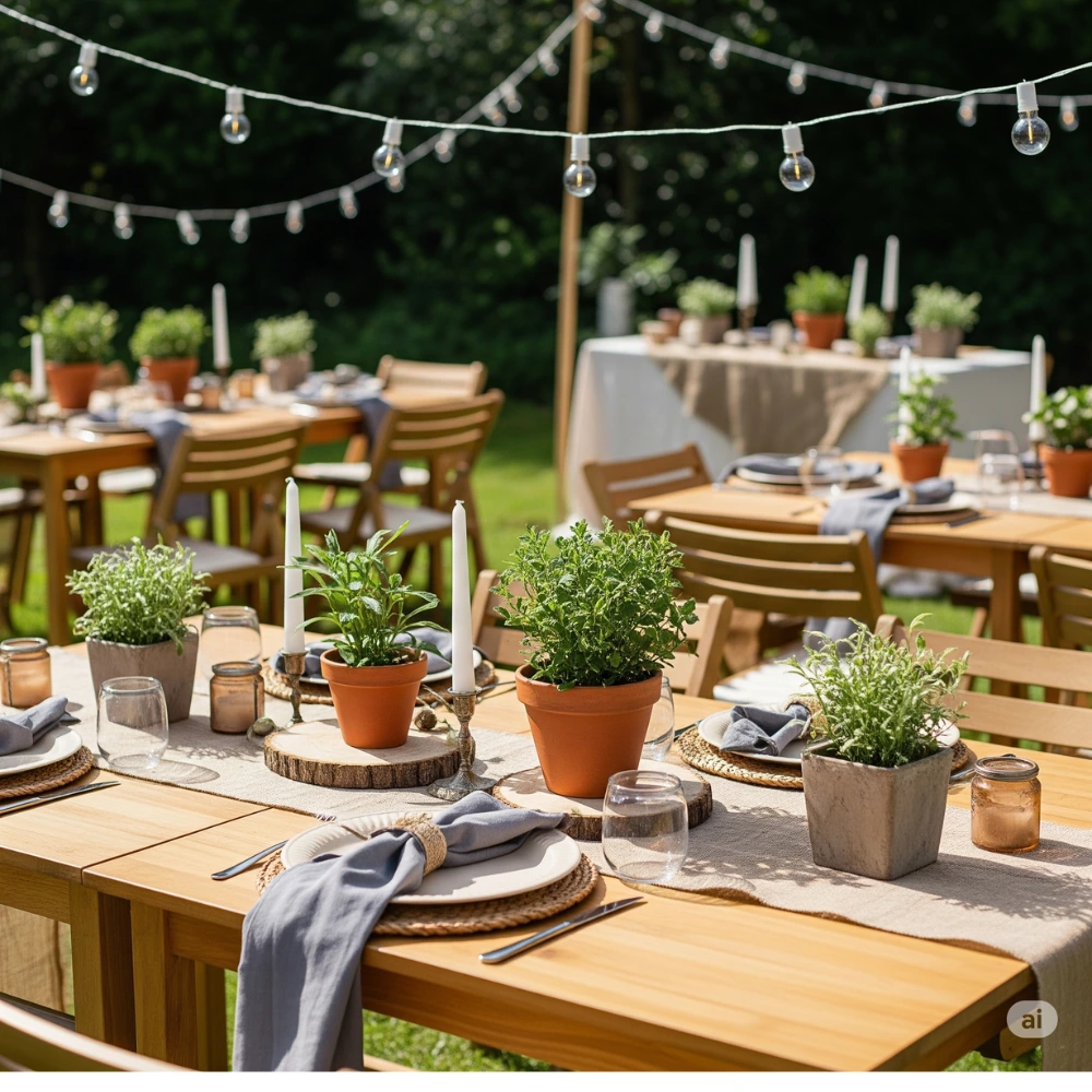 Eco-friendly outdoor event with reusable, green decor