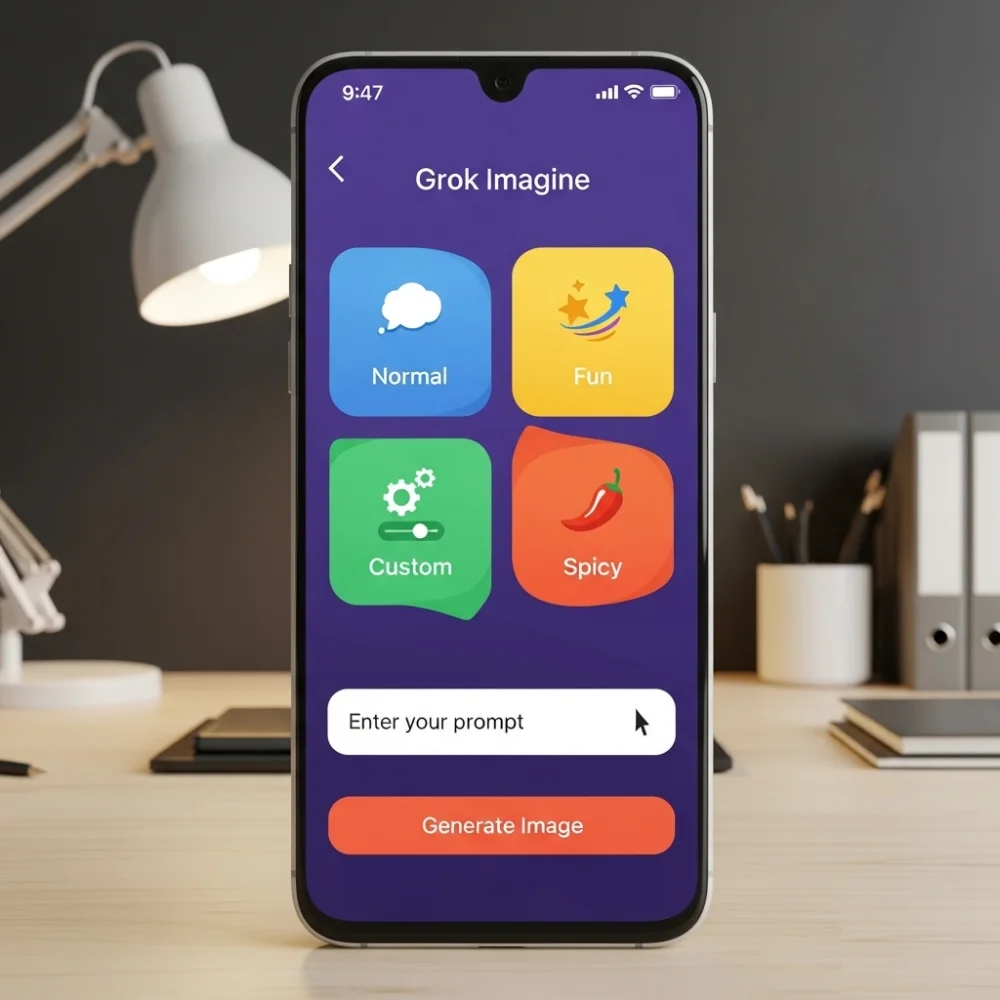 Grok Imagine showing Normal, Fun, Custom, and Spicy modes on Android.