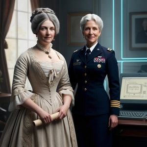 Ada Lovelace and Grace Hopper in realistic style, standing in a vintage tech setting.