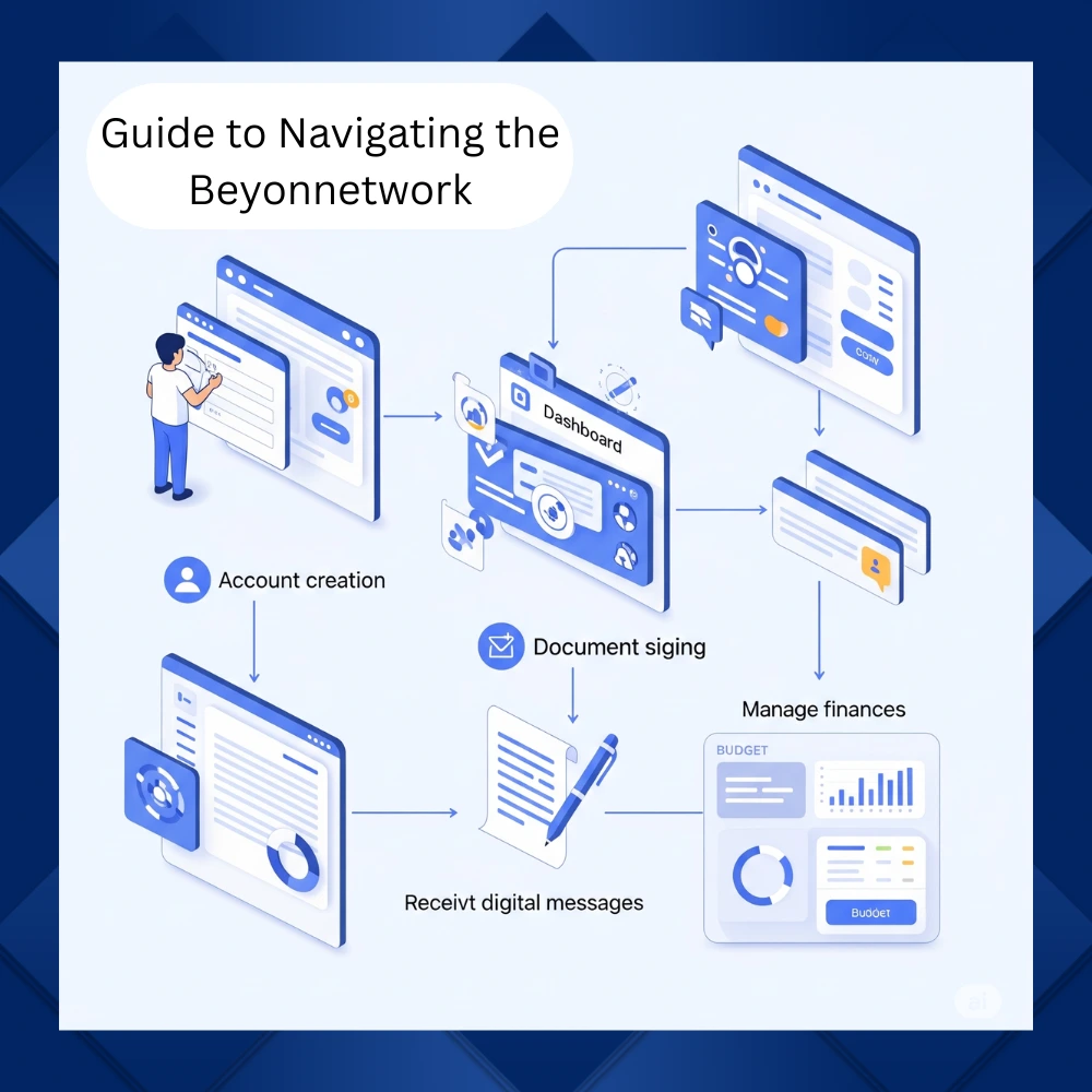 Illustrated step-by-step guide showing how to use a digital platform with features like login, dashboard, e-signing, and secure communication of Beyonnetwork