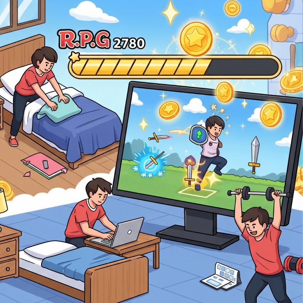 Gamified productivity with leveling avatar and rewards