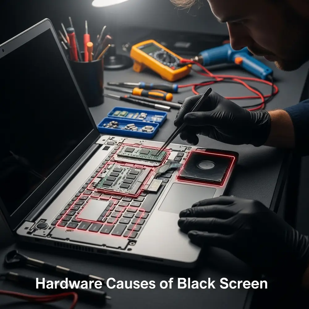 Technician inspecting laptop hardware components, including RAM and hard drive, to identify causes of a black screen issue. 
