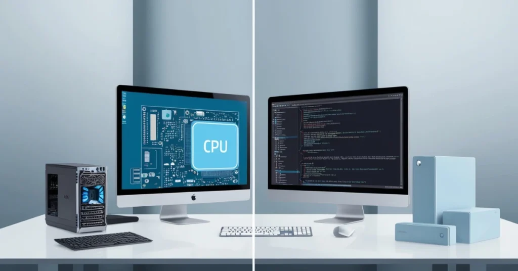Illustration showing the concept of hardware and software images with digital components and system interfaces.