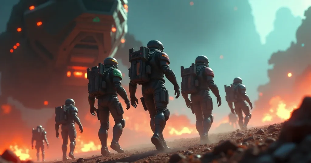 Futuristic soldiers in alien battle
