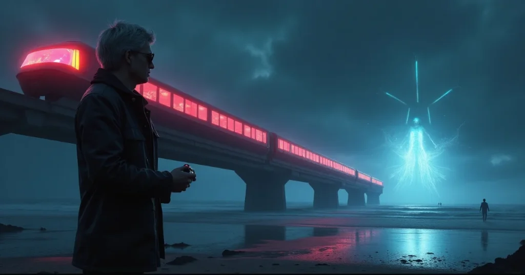 Hideo Kojima standing on a dark beach near a futuristic red-lit monorail, gazing at a glowing ethereal figure in the sky from Death Stranding 2.