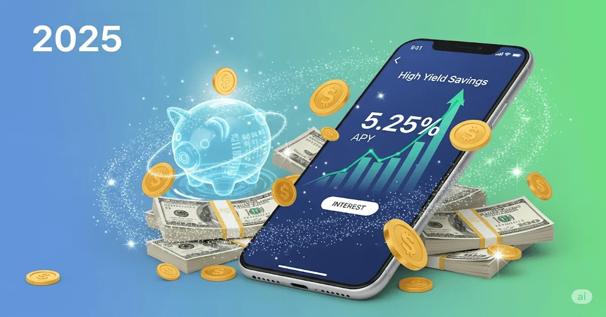 Smartphone displaying 5.25% APY in a futuristic 2025 scene representing High Yield Saving Accounts, with digital coins, cash stacks, a glowing piggy bank, and a rising interest graph on a blue-green tech background.