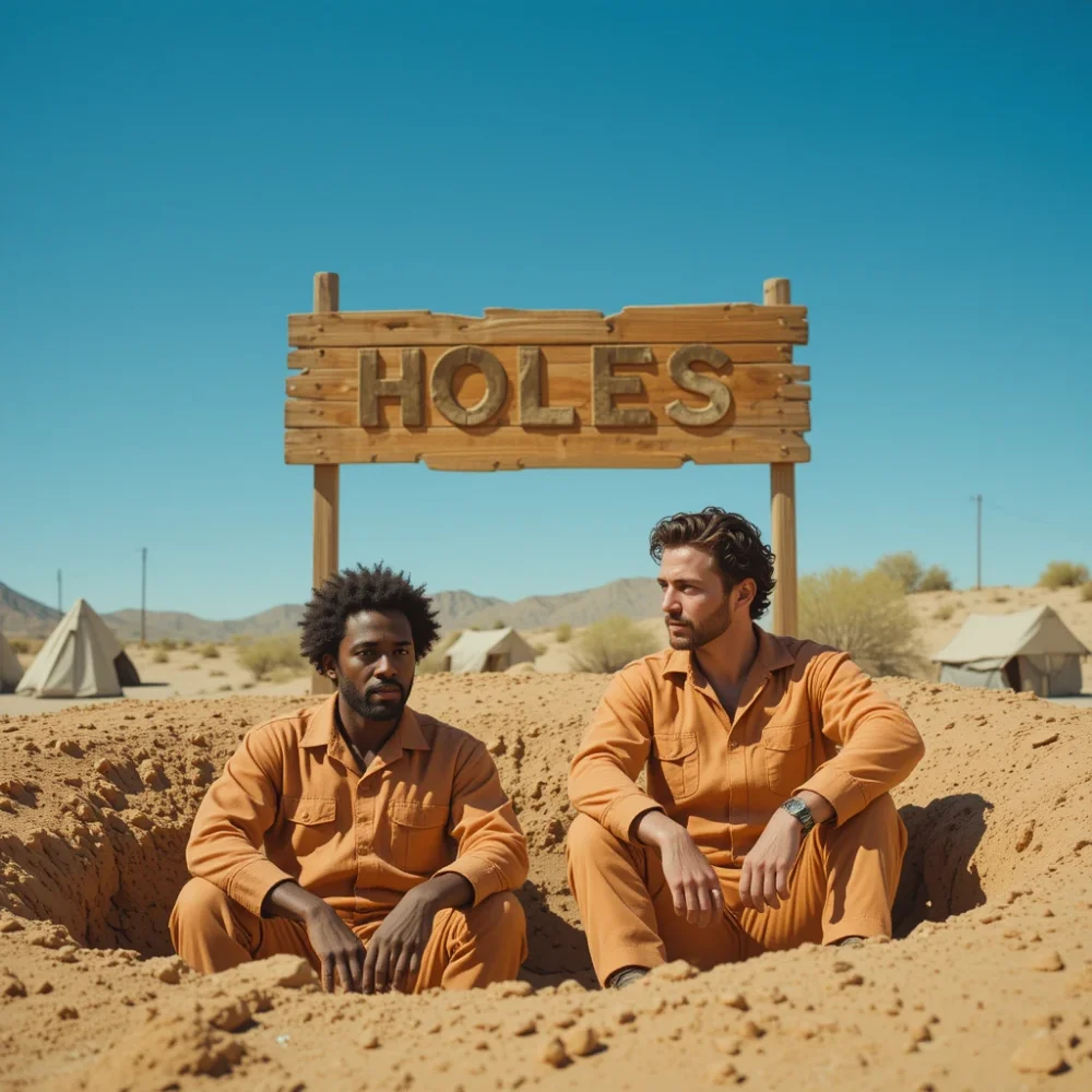 Khleo Thomas and Stanley in desert with "Holes" title sign.