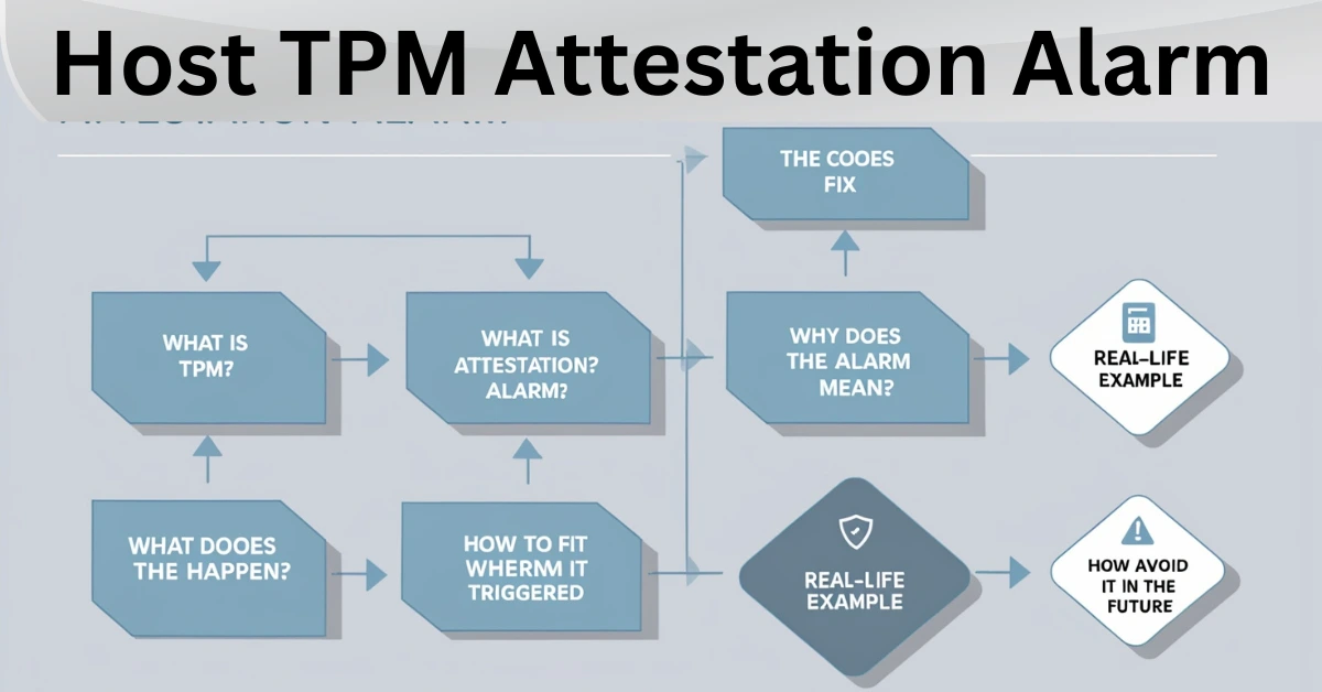Flowchart explaining Host TPM Attestation Alarm with steps including TPM definition, attestation process, causes of alarm, troubleshooting methods, and prevention tips