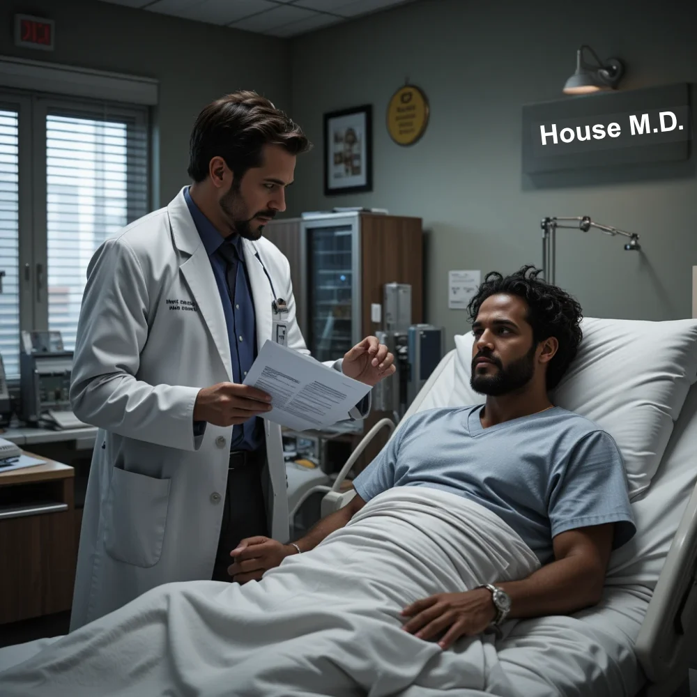 Khleo Thomas with Dr. House under "House M.D." sign. 