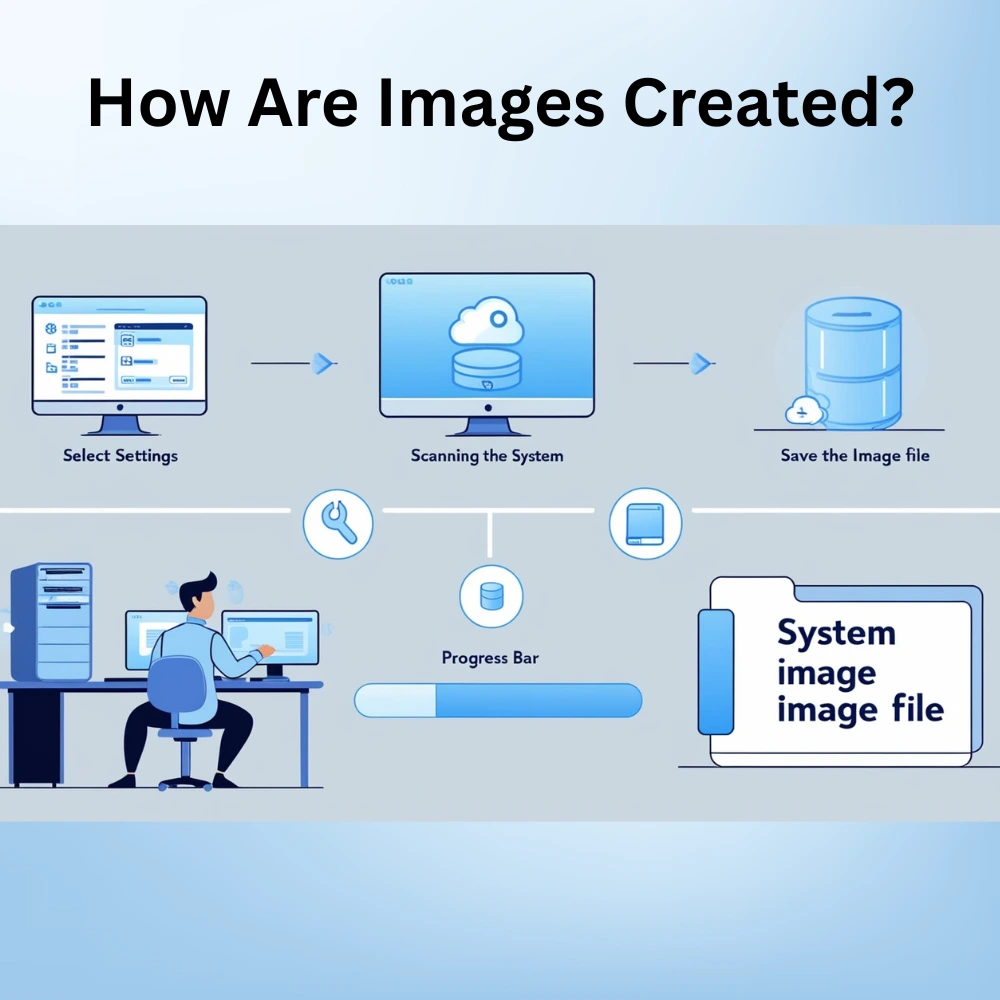 Step-by-step visual showing how a software or system image is created and saved for backup or deployment.