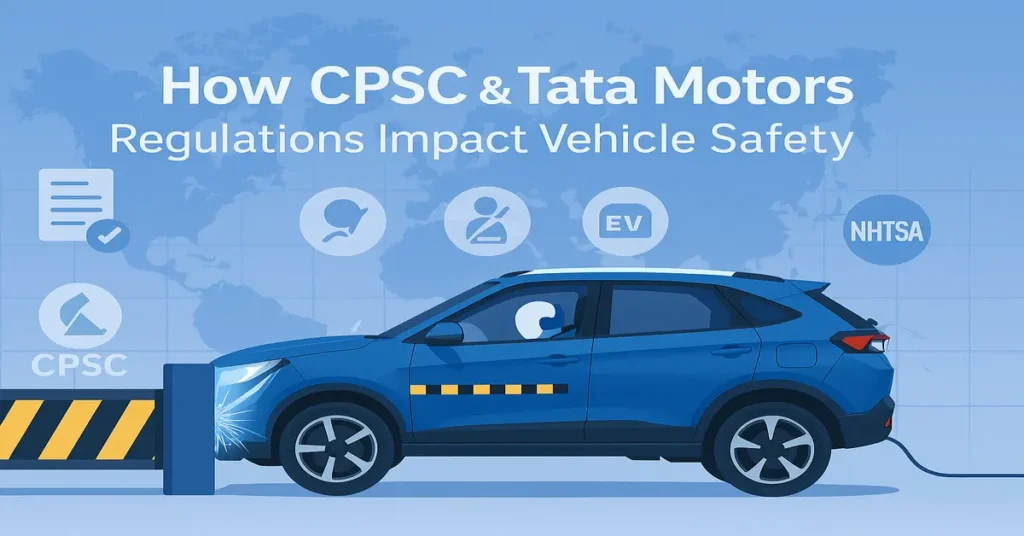 Tata Nexon EV in crash test with global safety icons, CPSC and NHTSA logos, and a world map background.