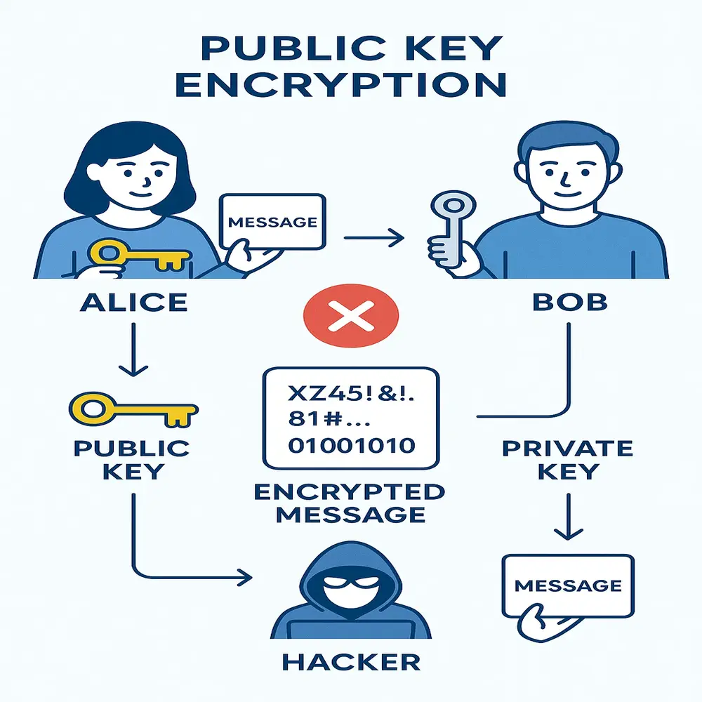 Diagram of Alice encrypting a message, Bob decrypting it, and a hacker failing to intercept. 