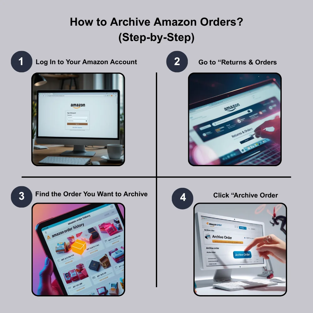 Step-by-step guide showing how to archive an Amazon order from the “Your Orders” page.