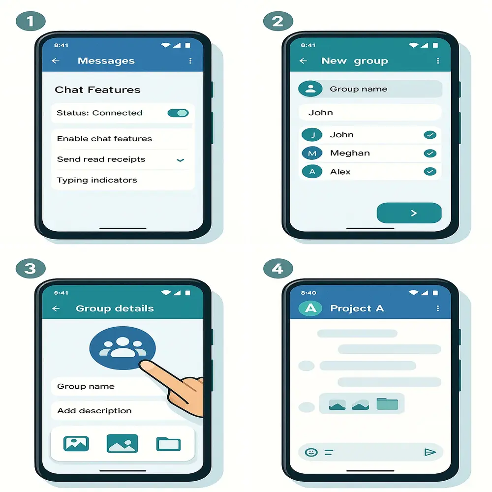 Four-step Android UI showing how to enable RCS, create a group, upload a custom icon, and display it in chat clean, text-free design. 