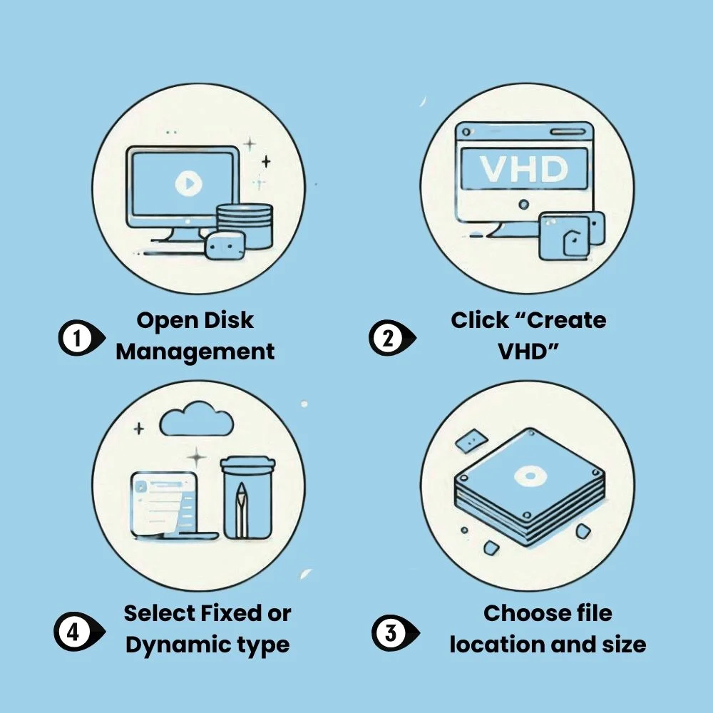 Simple infographic showing 4 easy steps to create a VHD file using Windows Disk Management.