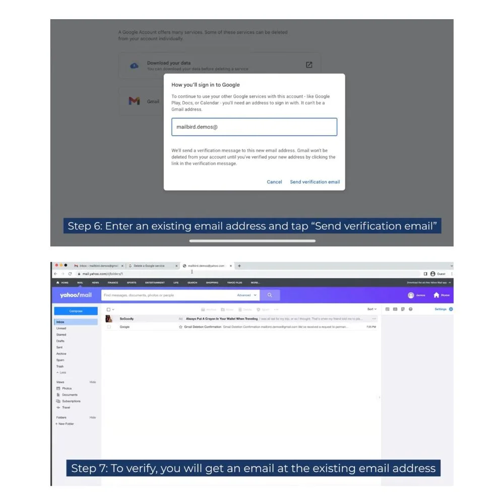 Step-by-step screenshots of the Gmail deletion process.