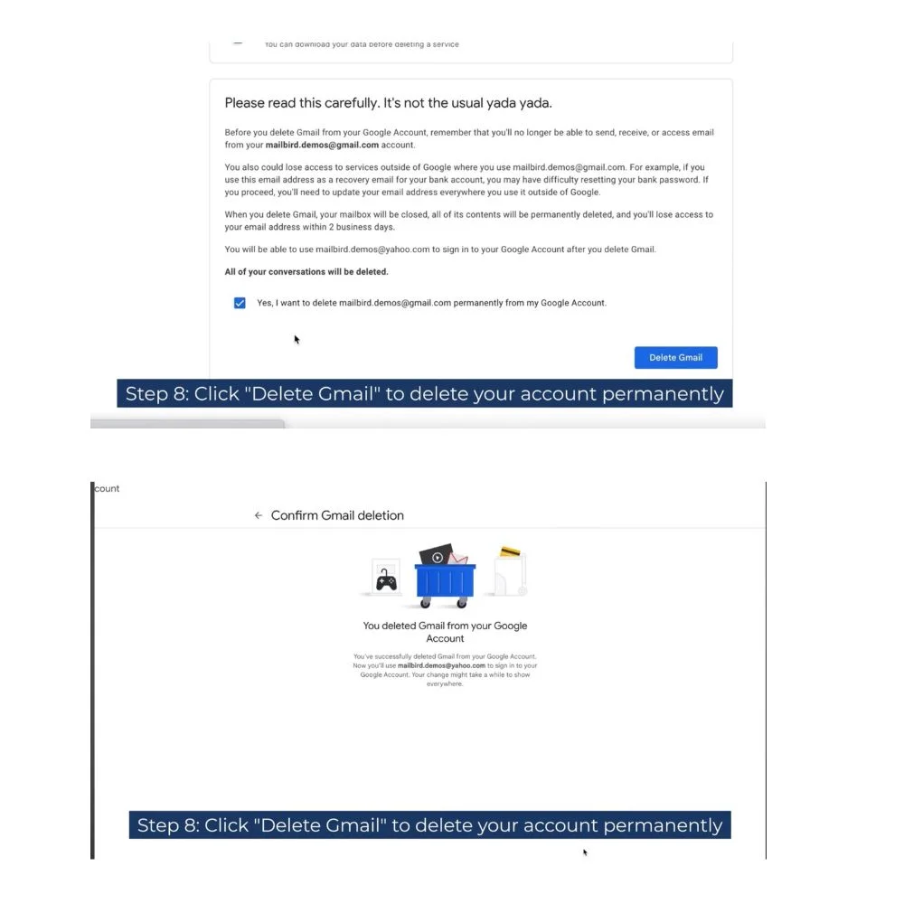 Step-by-step screenshots of the Gmail deletion process.