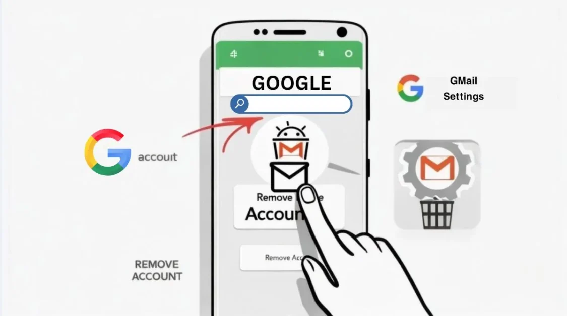 An illustration showing removal of a Gmail account from an Android phone.