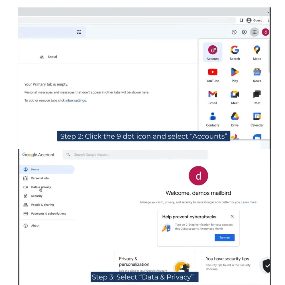 Step-by-step screenshots of the Gmail deletion process.