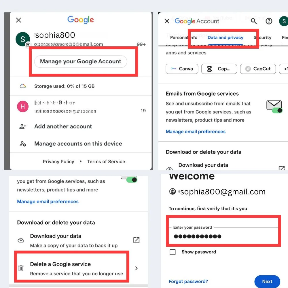 Step-by-step screenshots of the Gmail deletion process.
