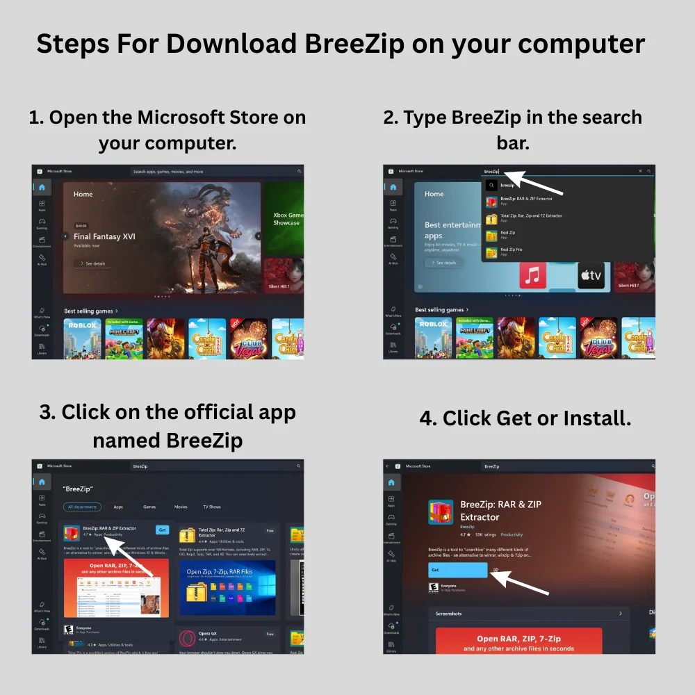 Instructions to download BreeZip from the Microsoft Store: open the store, search BreeZip, select the official app, and click Get or Install.