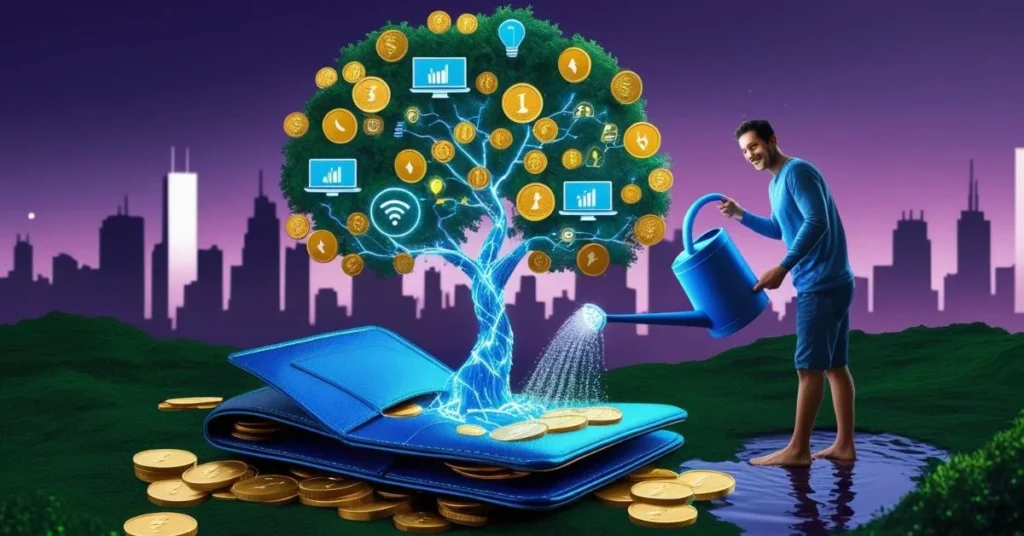 Money tree growing from wallet, man watering it, digital icons and coins around.
