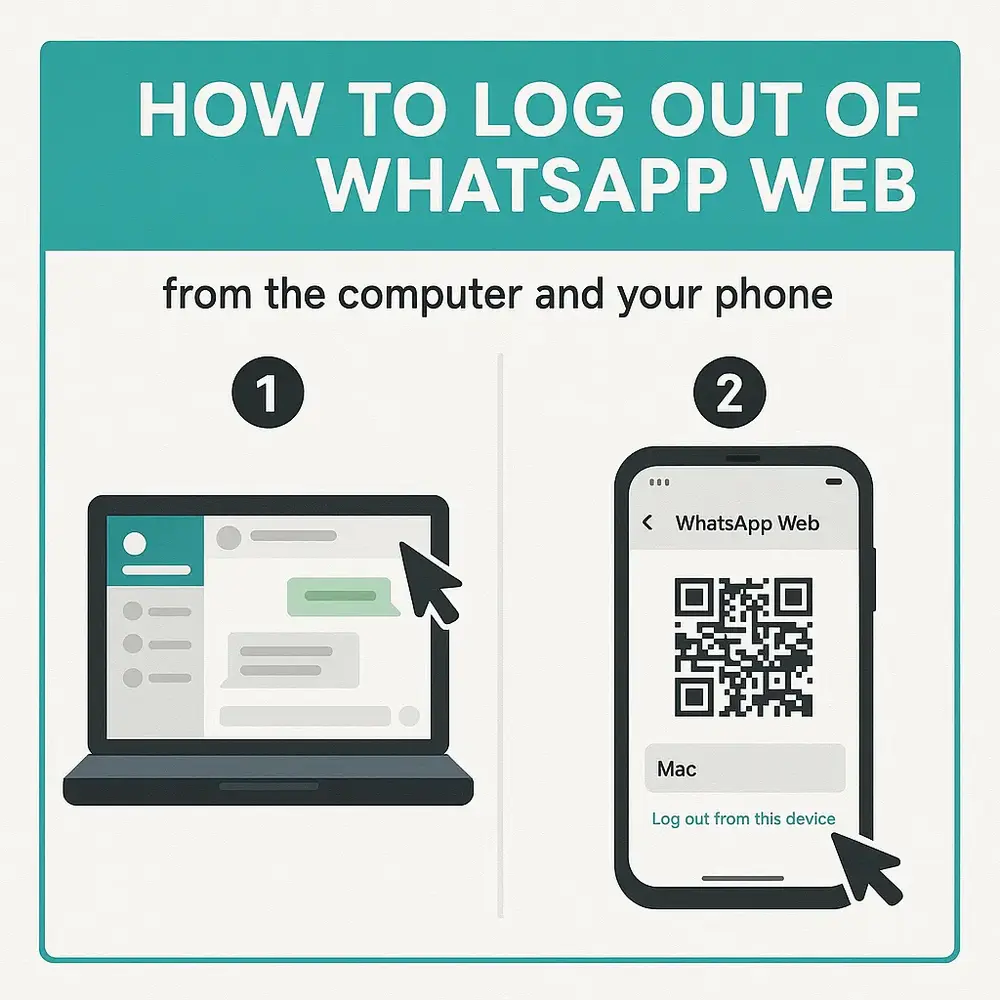 Steps showing how to log out of WhatsApp Web from desktop and phone.