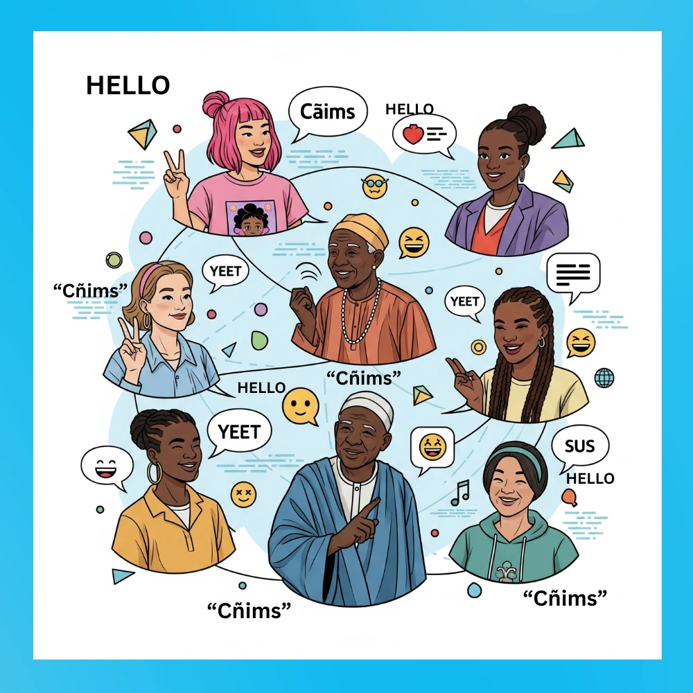 People connected by internet slang like “Cñims” in speech bubbles