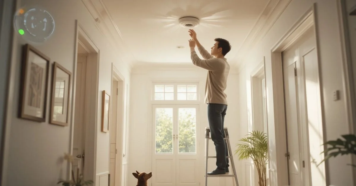Person inspecting a smoke detector on the ceiling with warning icons in a cozy, sunlit home interior
