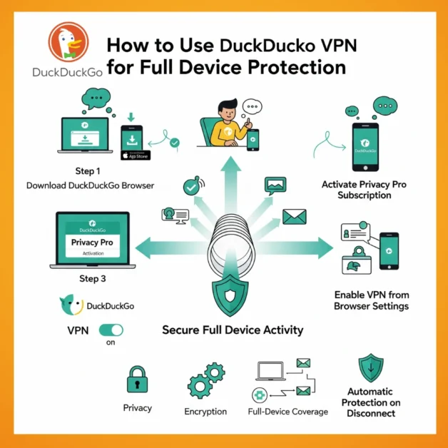 Infographic showing steps to activate DuckDuckGo VPN