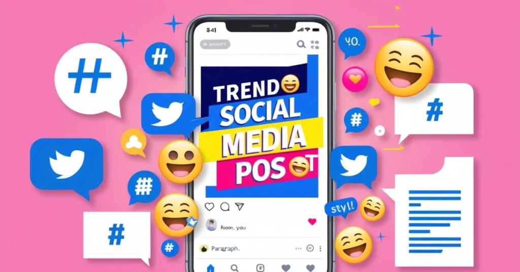 Illustration of a smartphone showing a trendy social media post with emojis, hashtags, and likes, representing viral paragraph writing tips.