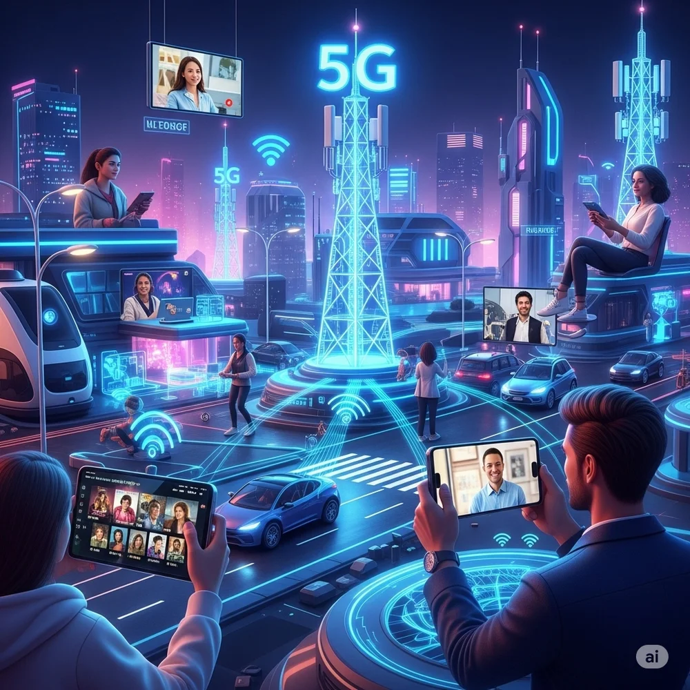 Digital illustration of a smart city with 5G towers, self-driving cars, and people using mobile devices for streaming, gaming, and video calls. 