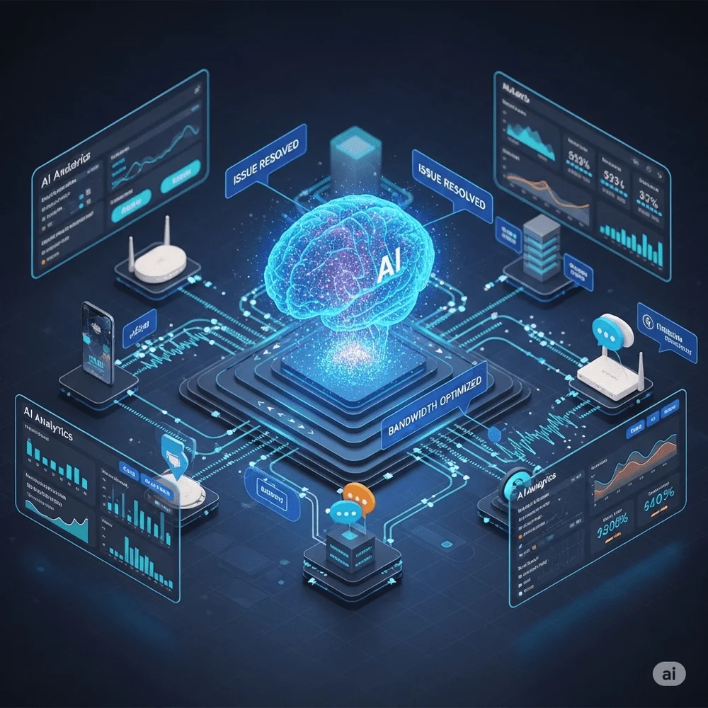 Detailed illustration of an AI-powered system representing emerging internet trends, with smart devices, data traffic indicators, and a holographic neural network managing real-time connectivity performance. 