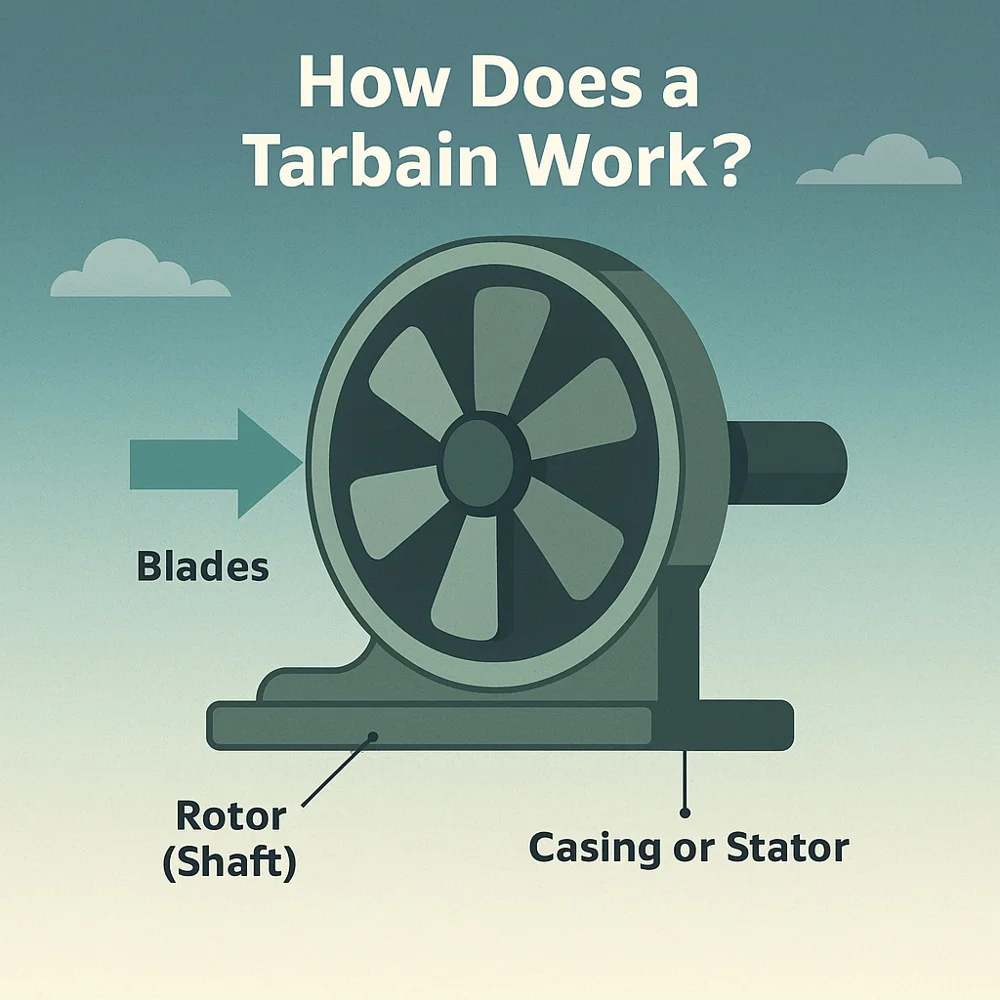 Infographic showing how a tarbain (turbine) works, including labeled parts like blades, rotor, and casing with clear, bold text in matching color scheme. 