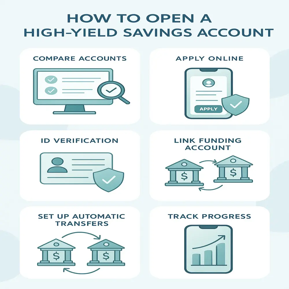 Infographic showing 2025 steps to open a high-yield savings account, with visuals for online application, ID verification, funding, and tracking via app. 