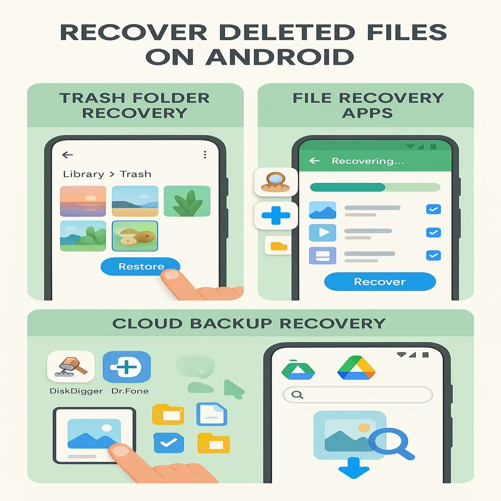 Illustration of recovering deleted files on Android via Google Photos trash, recovery apps like DiskDigger, and cloud backups like Google Drive. 