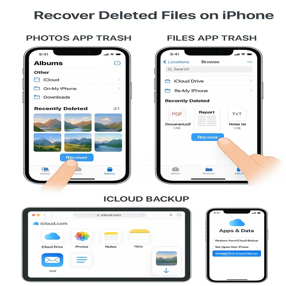 iPhone data recovery methods showing Photos and Files app Recently Deleted folders and restoring files from iCloud backup with a clean iOS interface. 