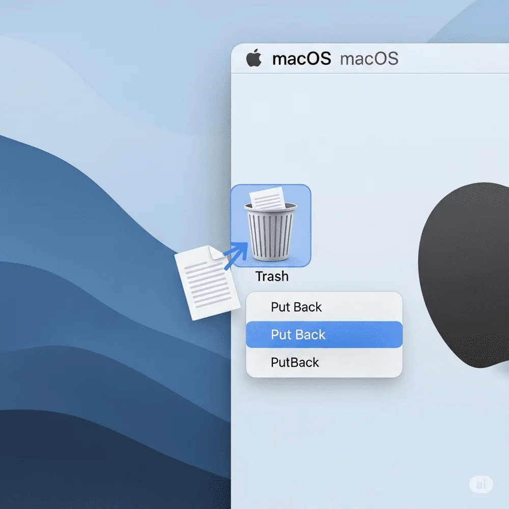 macOS desktop showing a file being restored from Trash using the "Put Back" option with a clear and modern design. 