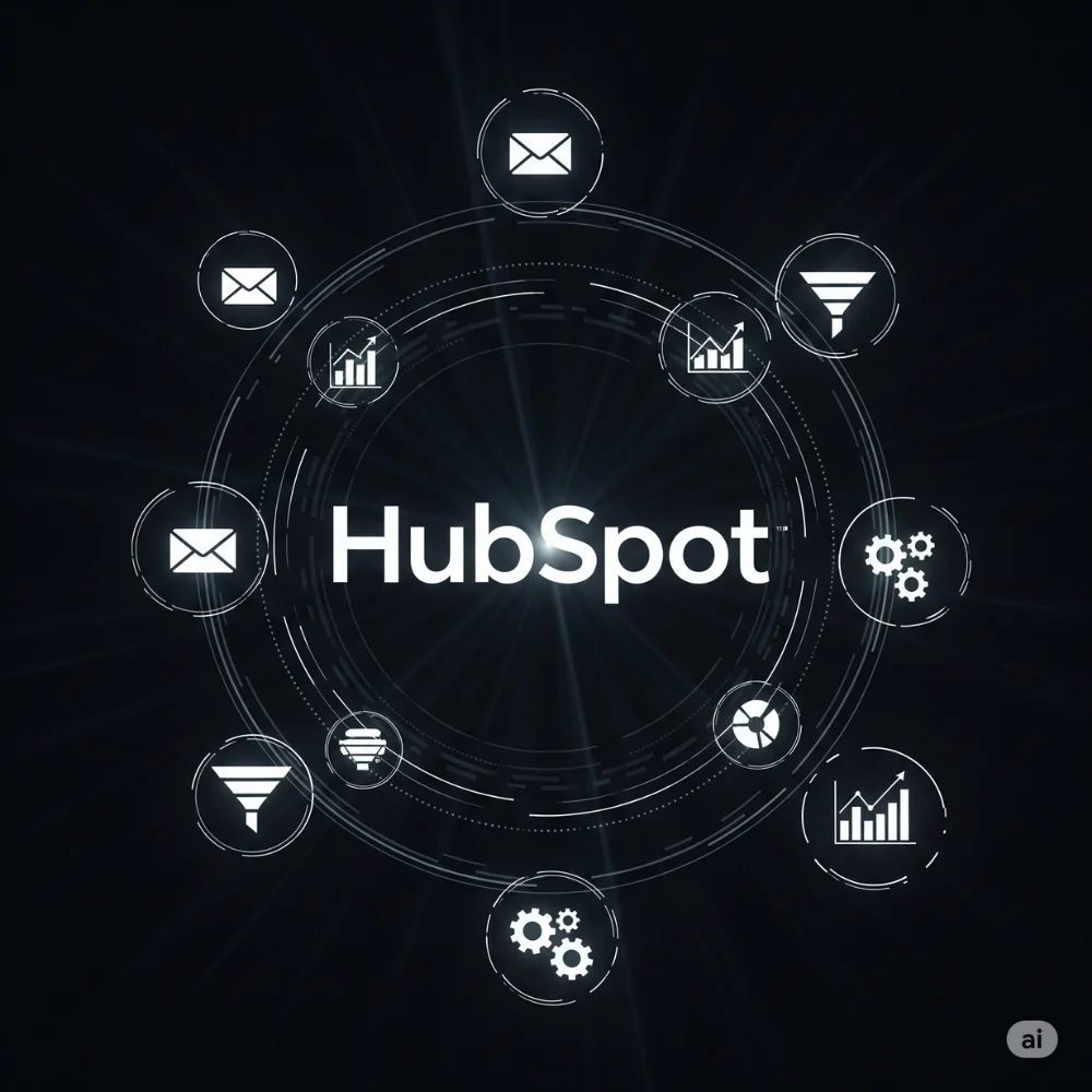HubSpot logo with orbit icons on dark tech scene