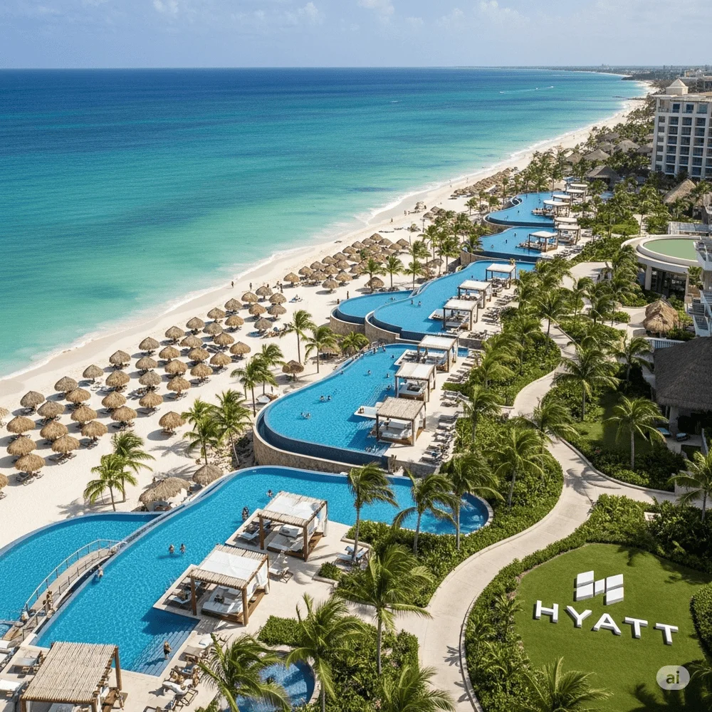 Aerial view of a Hyatt all-inclusive beachfront resort in the Caribbean with pools, palm trees, and white sandy beach under a clear blue sky.