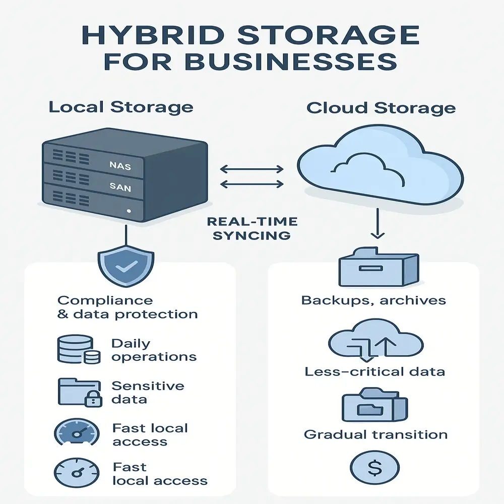 Hybrid storage diagram showing synced local servers and cloud, with icons for security, speed, cost, and migration. 