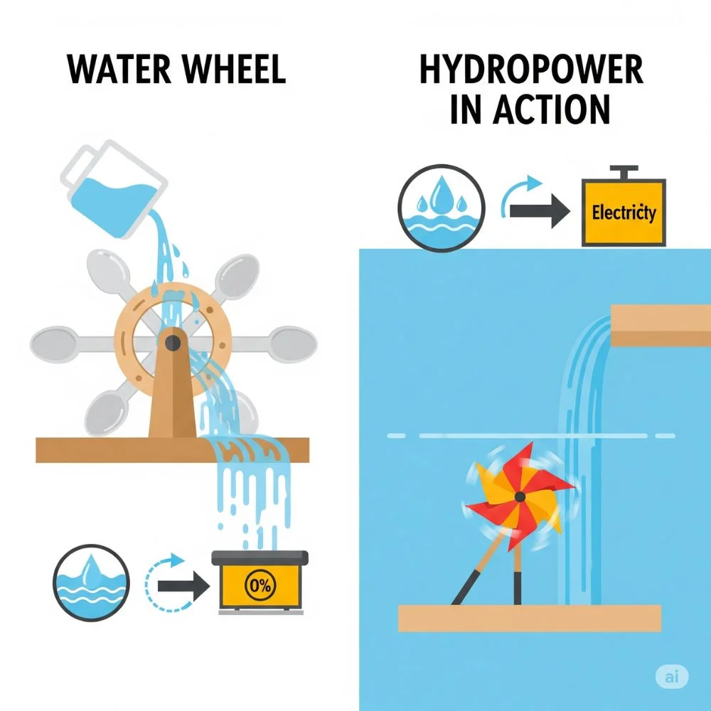  Kids’ graphic showing a water wheel and pinwheel spinning with water to explain hydropower.