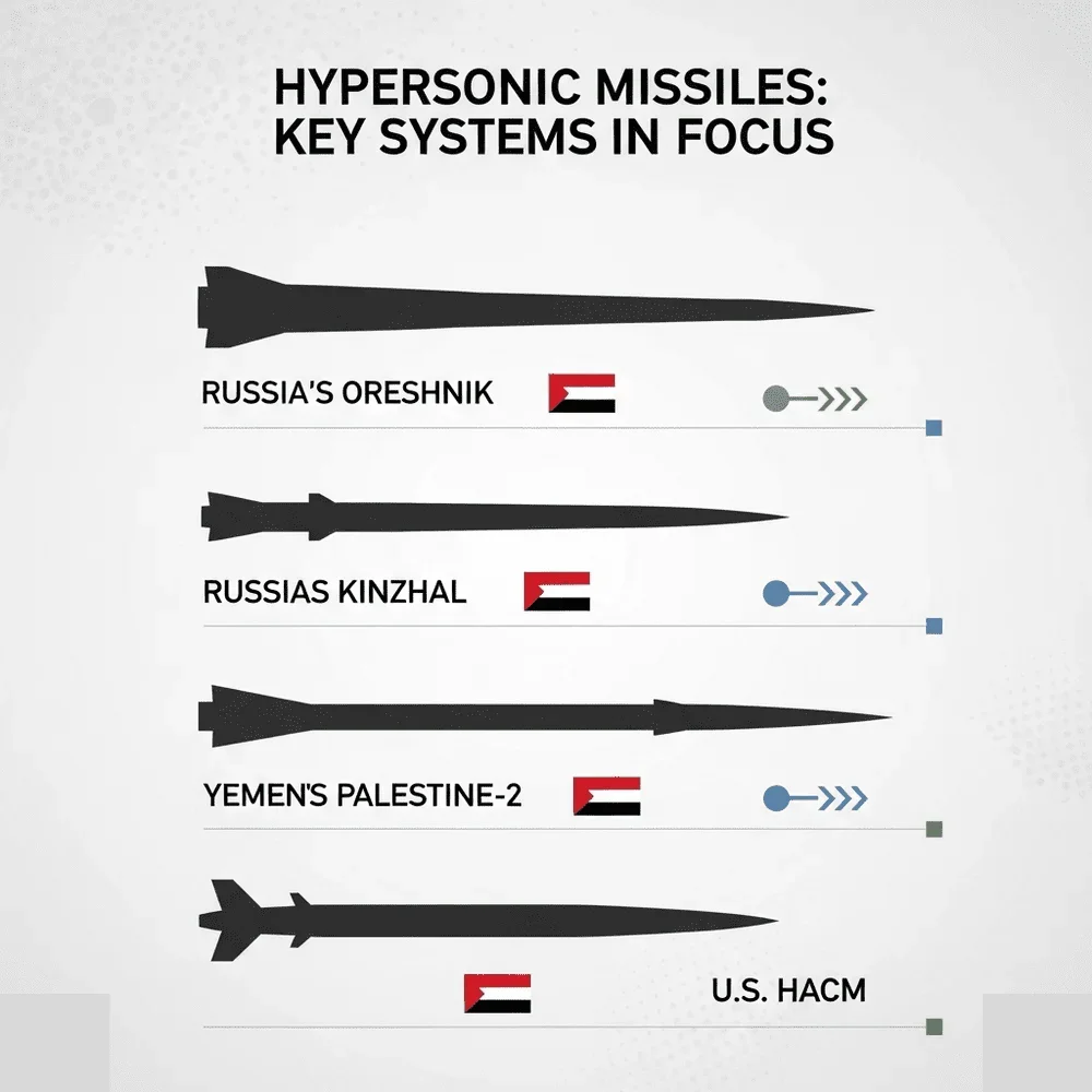 Infographic showing Russia’s Oreshnik and Kinzhal, Yemen’s Palestine-2, and U.S. HACM with labels and country flags.