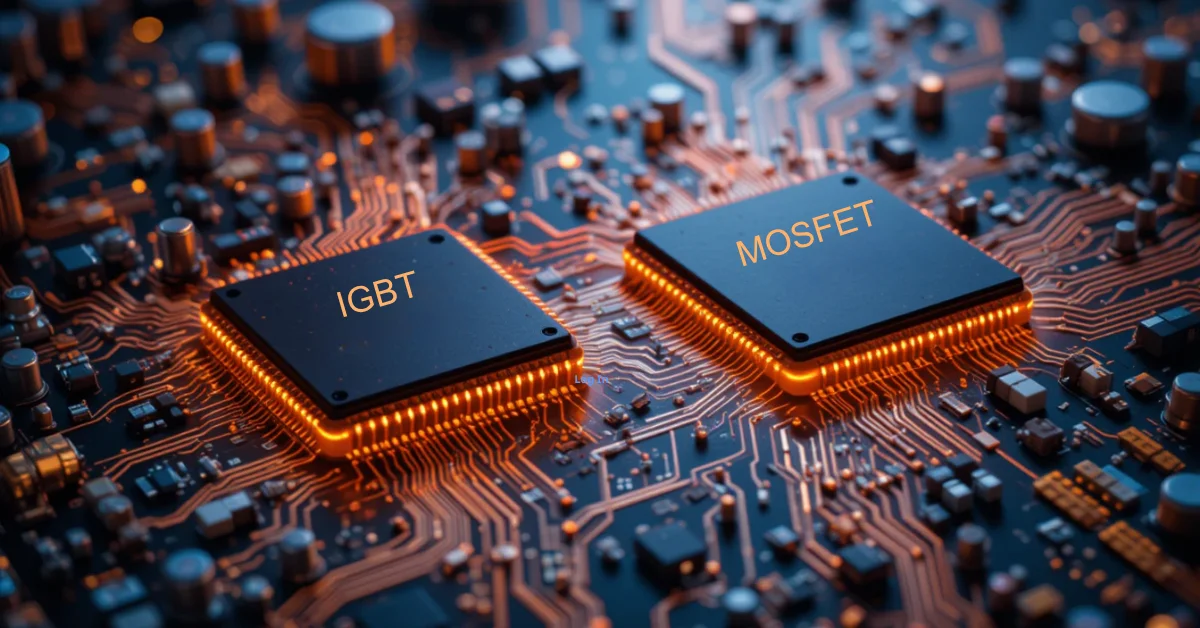Close-up of IGBT and MOSFET on circuit board