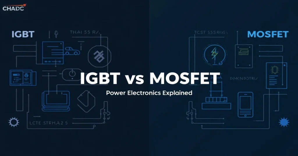 Visual comparison of IGBT and MOSFET uses in power electronics with icons and title overlay.